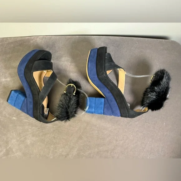 Salvatore Ferragamo suede mink platform sandals color-blocked blue black SIZE 5 - Picture 9 of 14